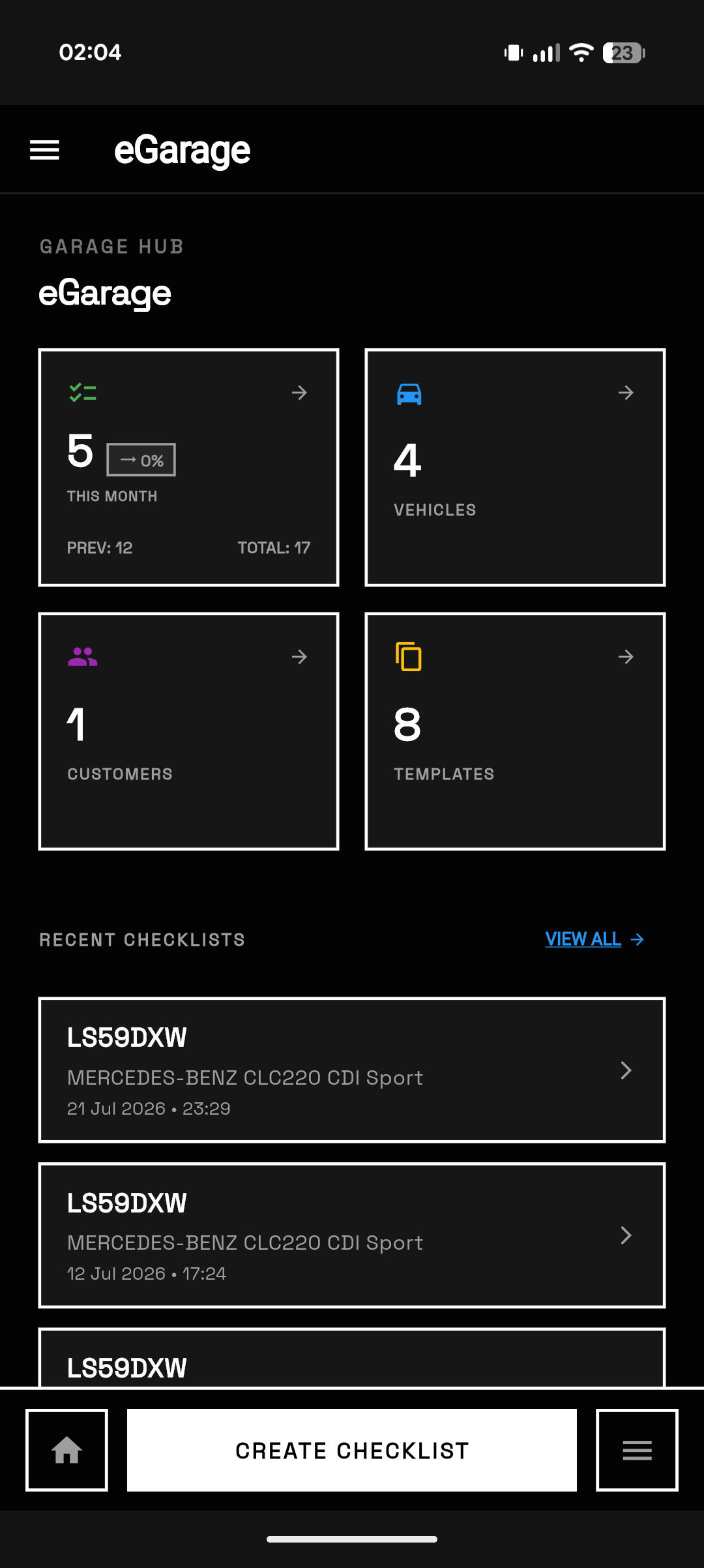 eGarage mobile Garage Hub dashboard metrics and recent checklist activity