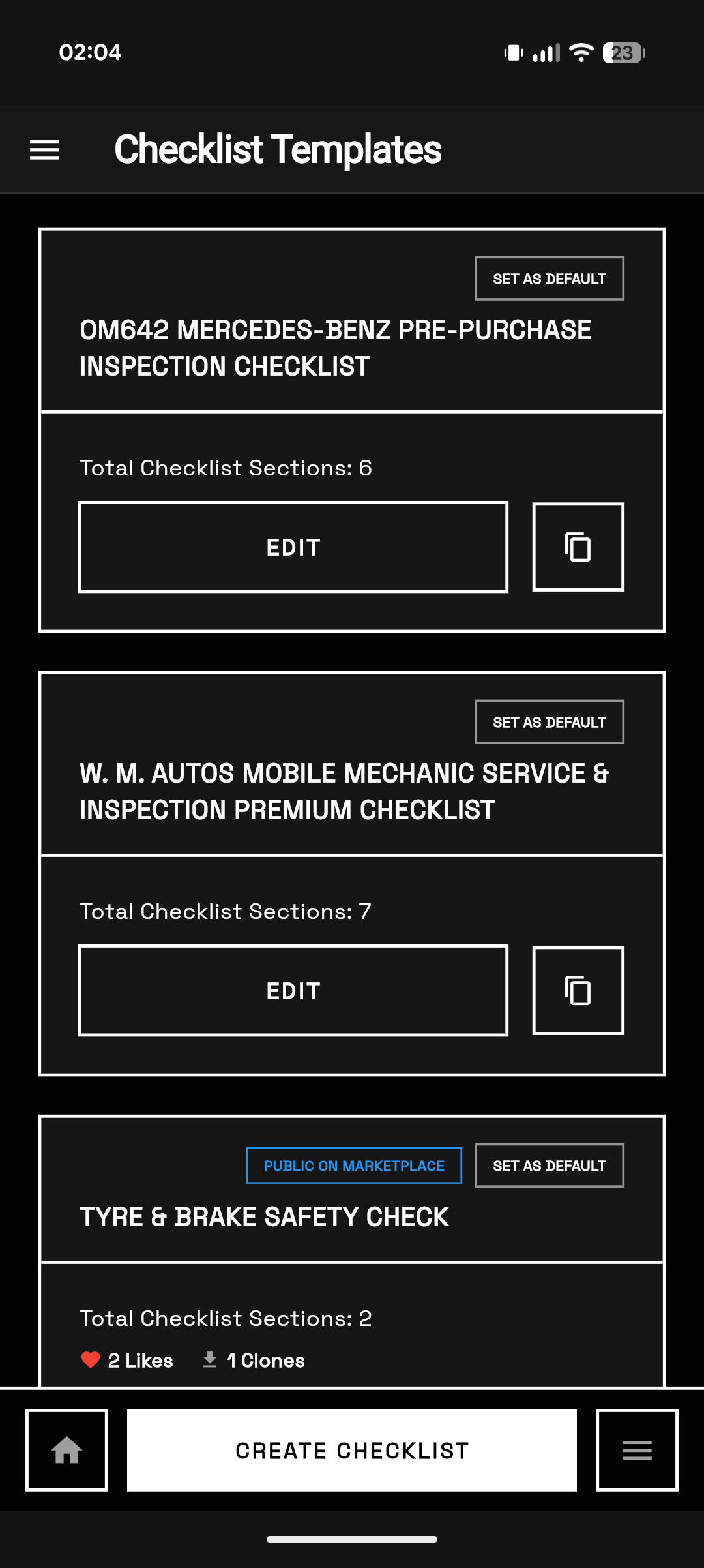 eGarage checklist templates list including W M Autos Mobile Mechanic Service and Inspection Premium Checklist