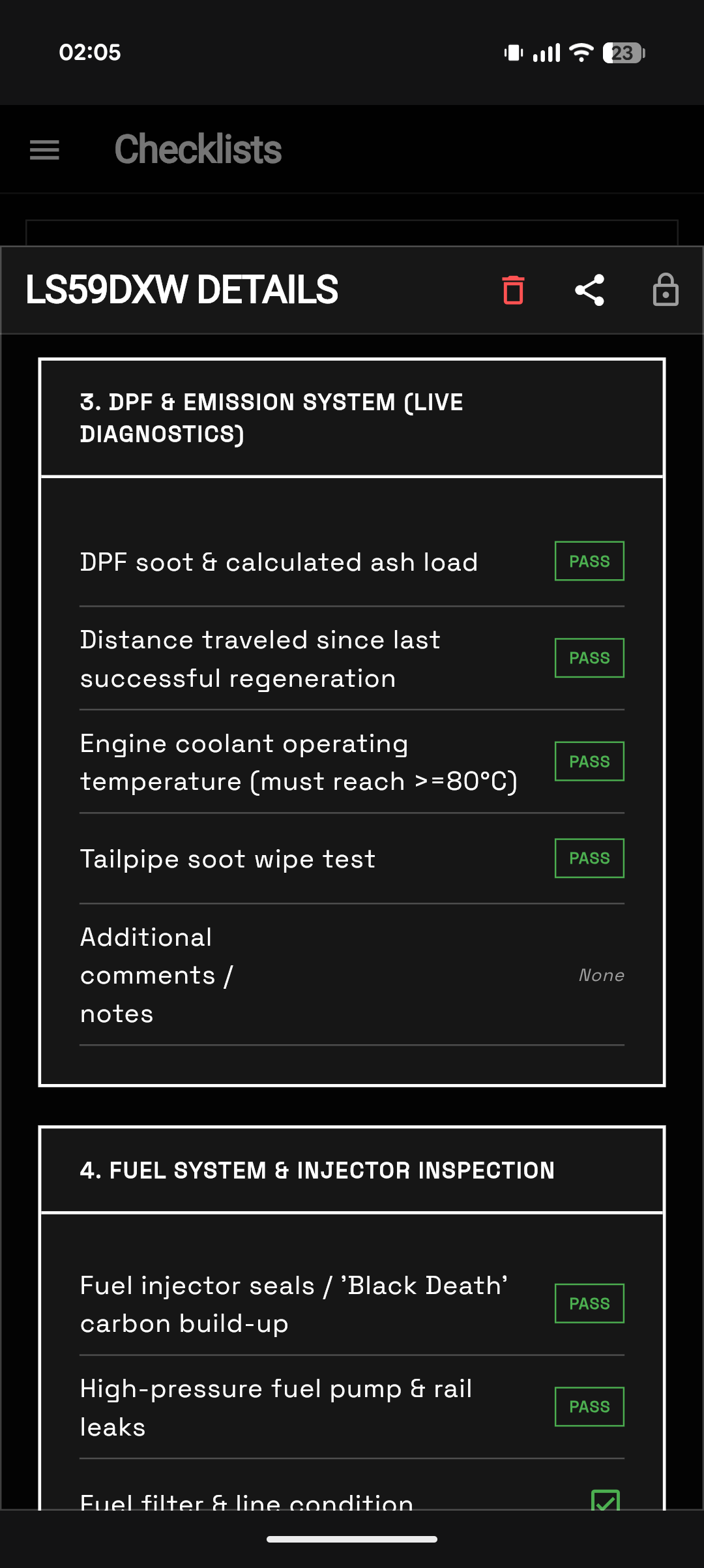 eGarage mobile live DPF and injector diagnostic inspection results
