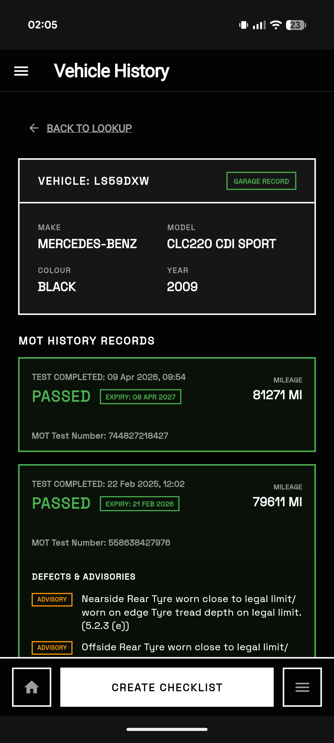 eGarage vehicle history records and live DVSA MOT history log