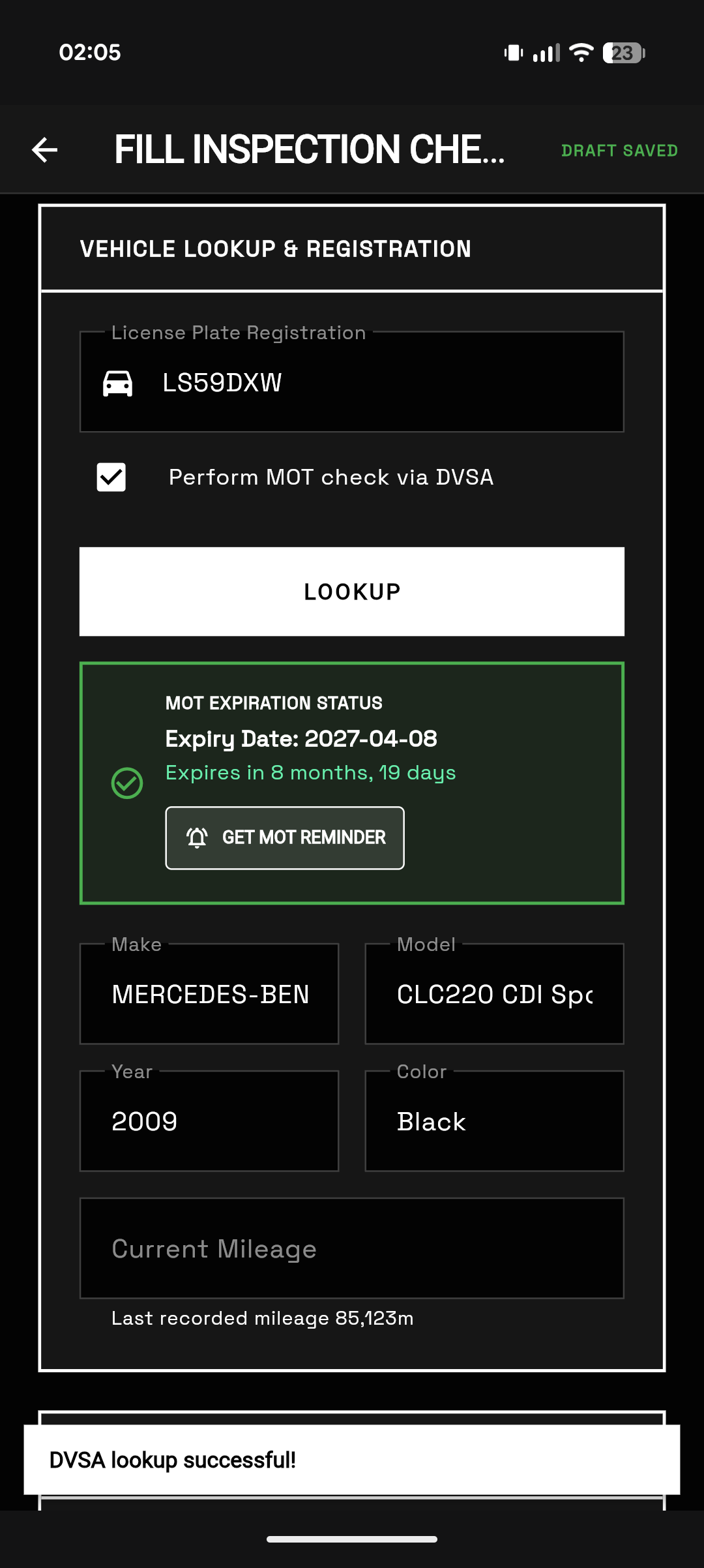 eGarage mobile DVSA MOT lookup and vehicle checklist interface preview
