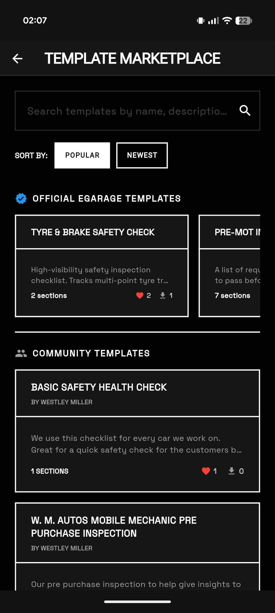 eGarage Template Marketplace featuring community and official templates