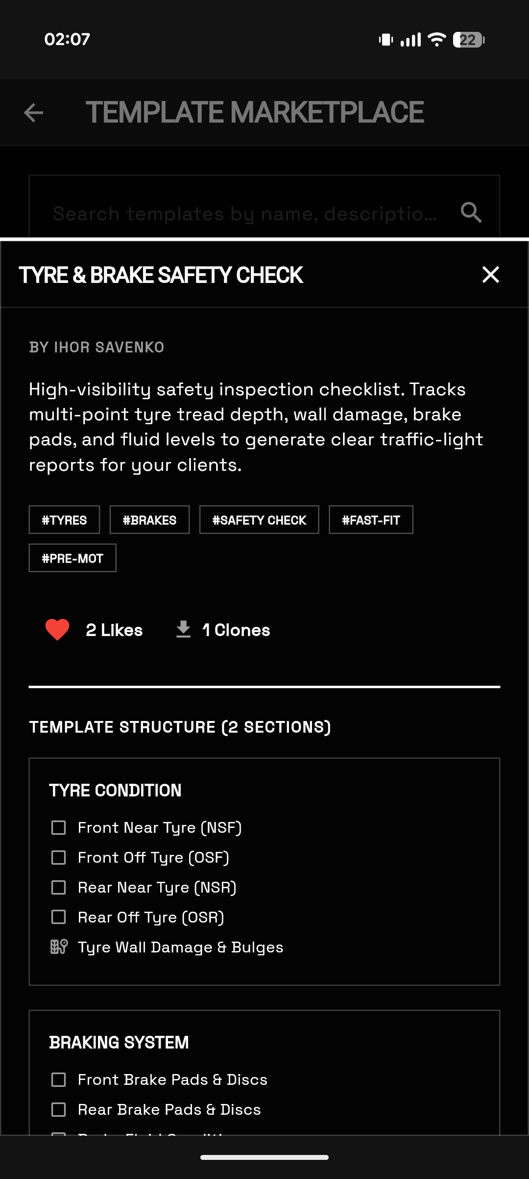 eGarage template details modal preview for tyre and brake safety checks