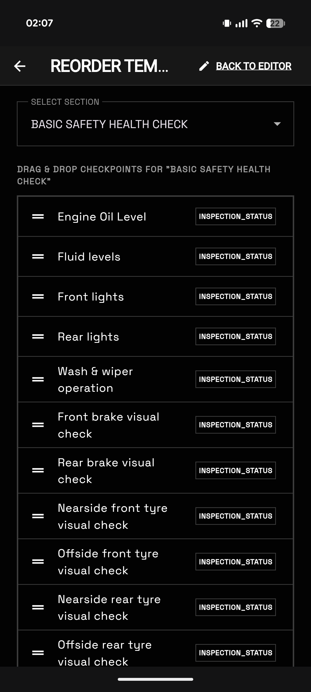 eGarage drag and drop template checkpoint section reorder screen