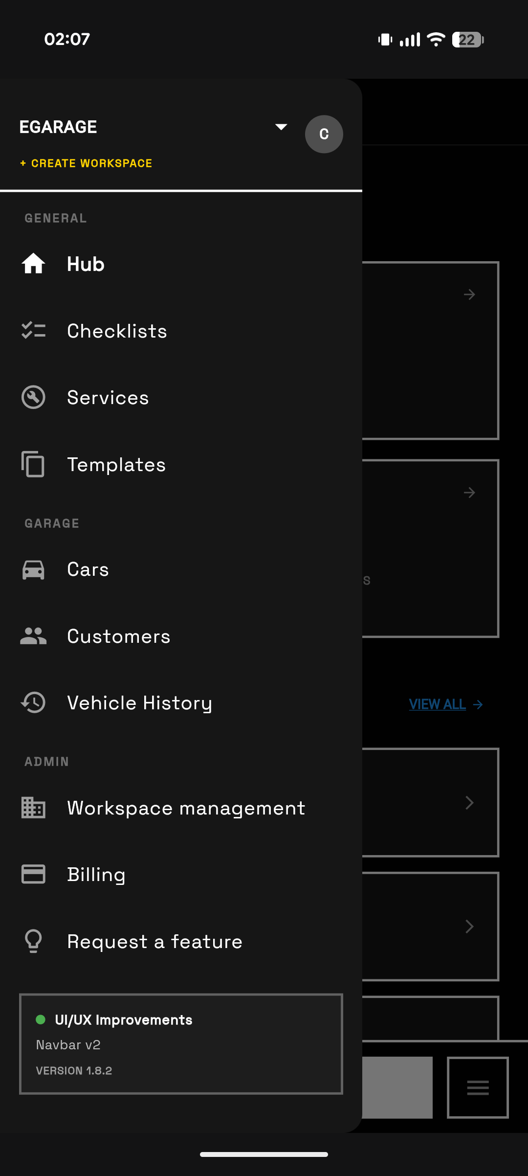 eGarage mobile workspace management side menu and navigation